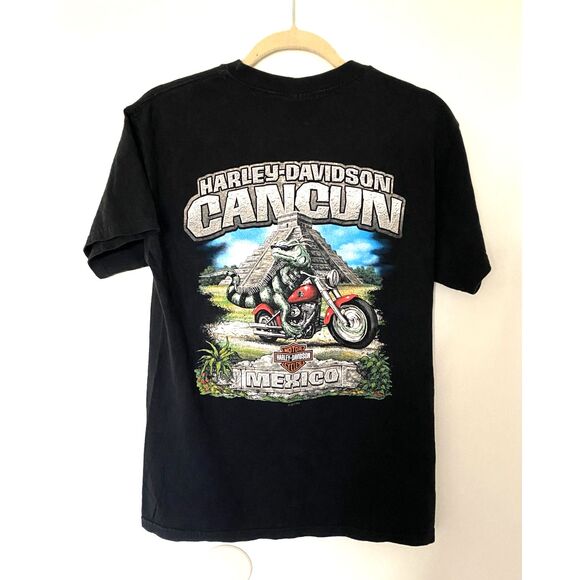 Harley Davidson Black Cancun Mexico Lizzard Dog Short Sleeve Tee Shirt No Sz Tag - Picture 1 of 7